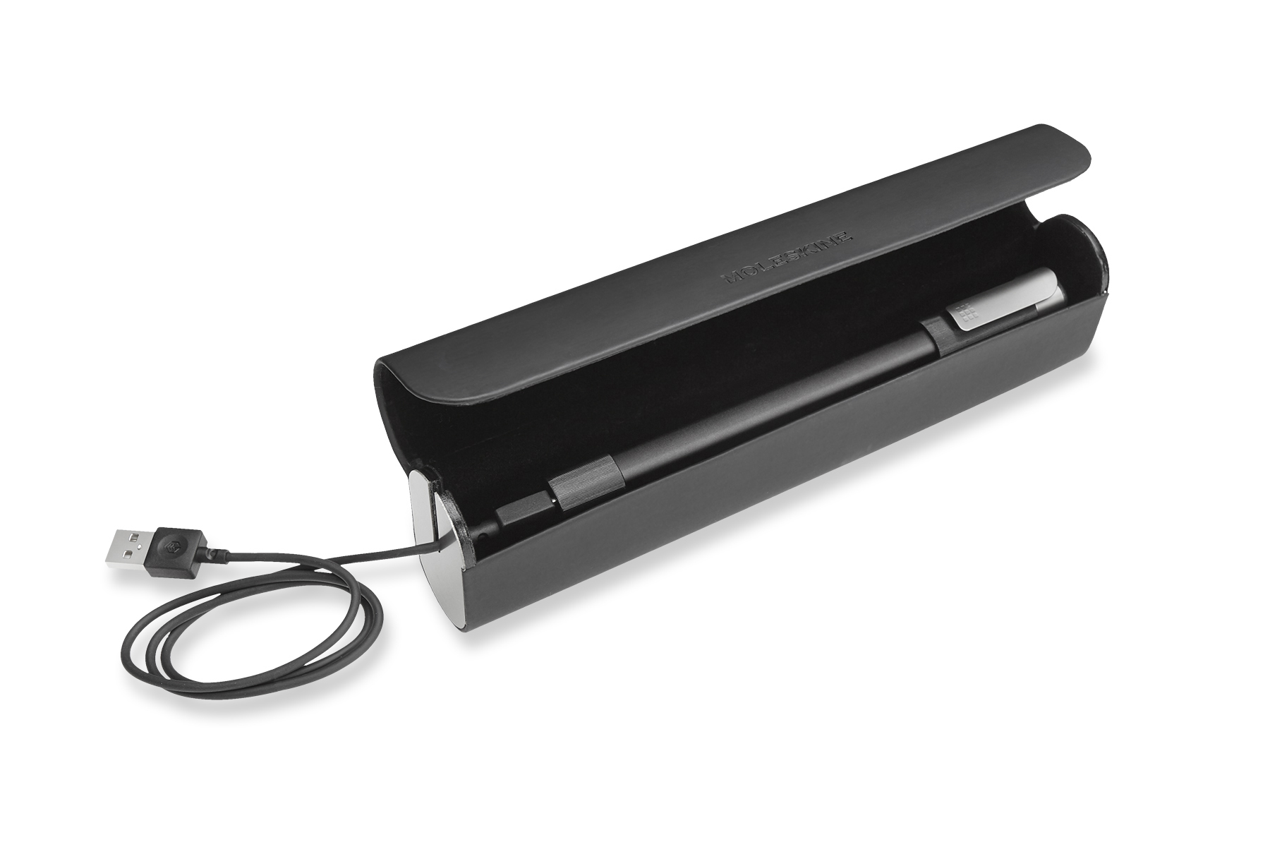 Schwarzer Stift in einem schwarzen Etui mit angeschlossenem USB-Kabel.