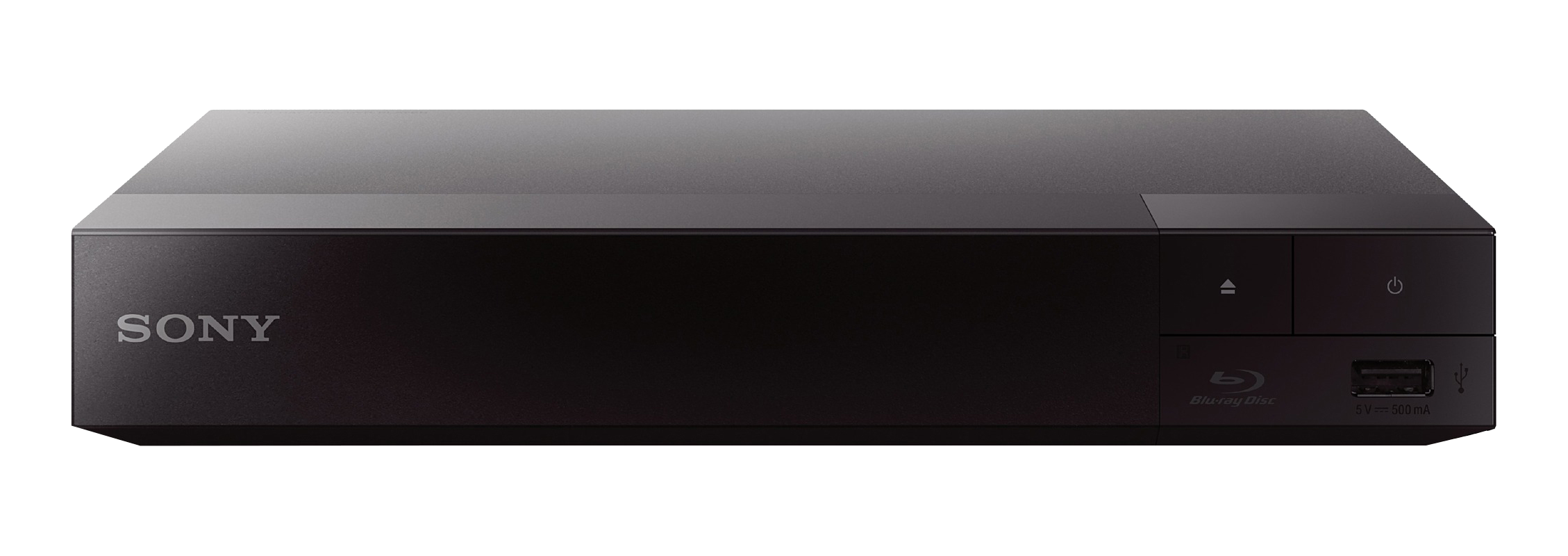 Schwarzer Sony Blu-ray-Player. Einfaches Design. Power- und Auswurftasten, USB-Anschluss sichtbar.