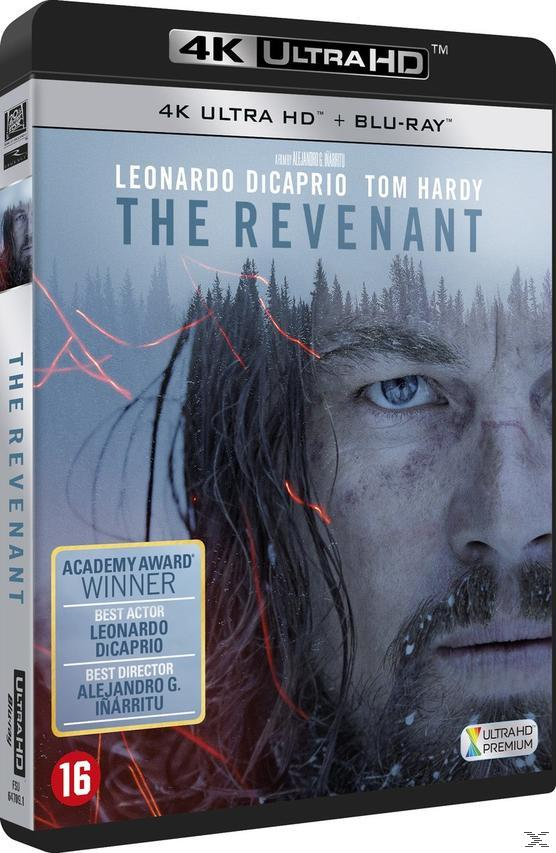 DVD-hoes voor 'The Revenant' met Leonardo DiCaprio. '4K Ultra HD' staat bovenaan.