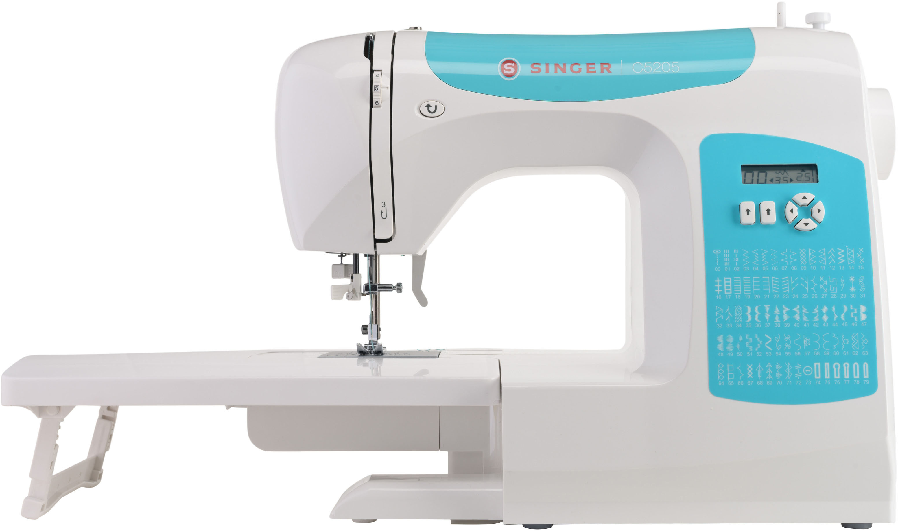 Weiße und türkisfarbene Singer-Nähmaschine mit Display und Stichmusterwähler. Ein weißer Anbautisch.