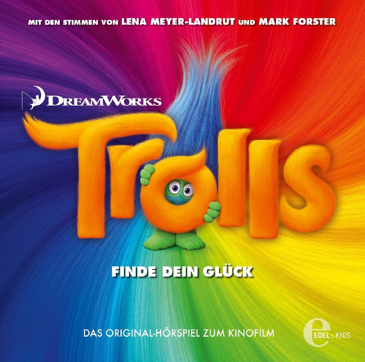DVD-Cover für den Film Trolls. Bunter Hintergrund mit Filmtitel und Figuren. Finde dein Glück.