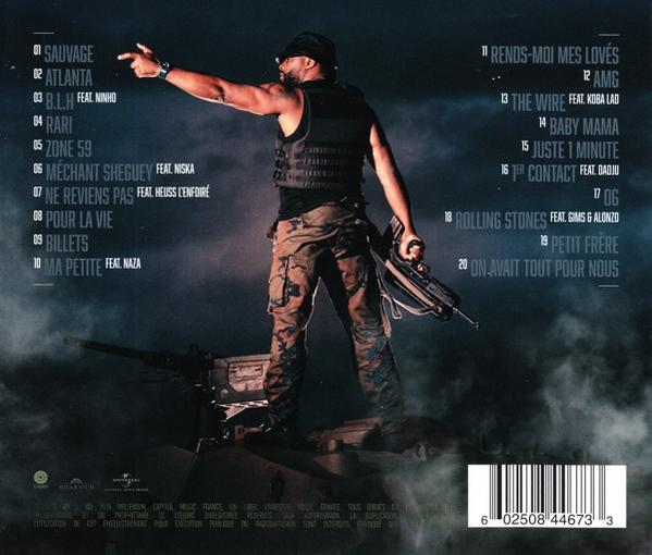 Dos de CD de musique avec un homme en uniforme militaire tenant une arme, liste des titres et crédits présents.
