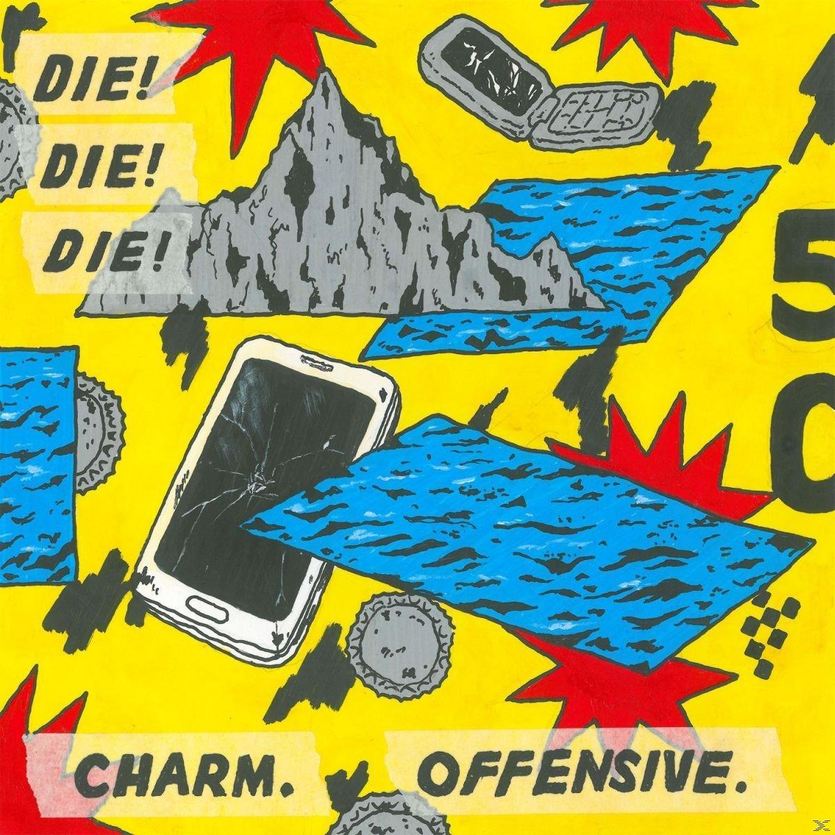 Gelber Hintergrund mit verschiedenen Elementen. Telefon, Explosionen und Text.