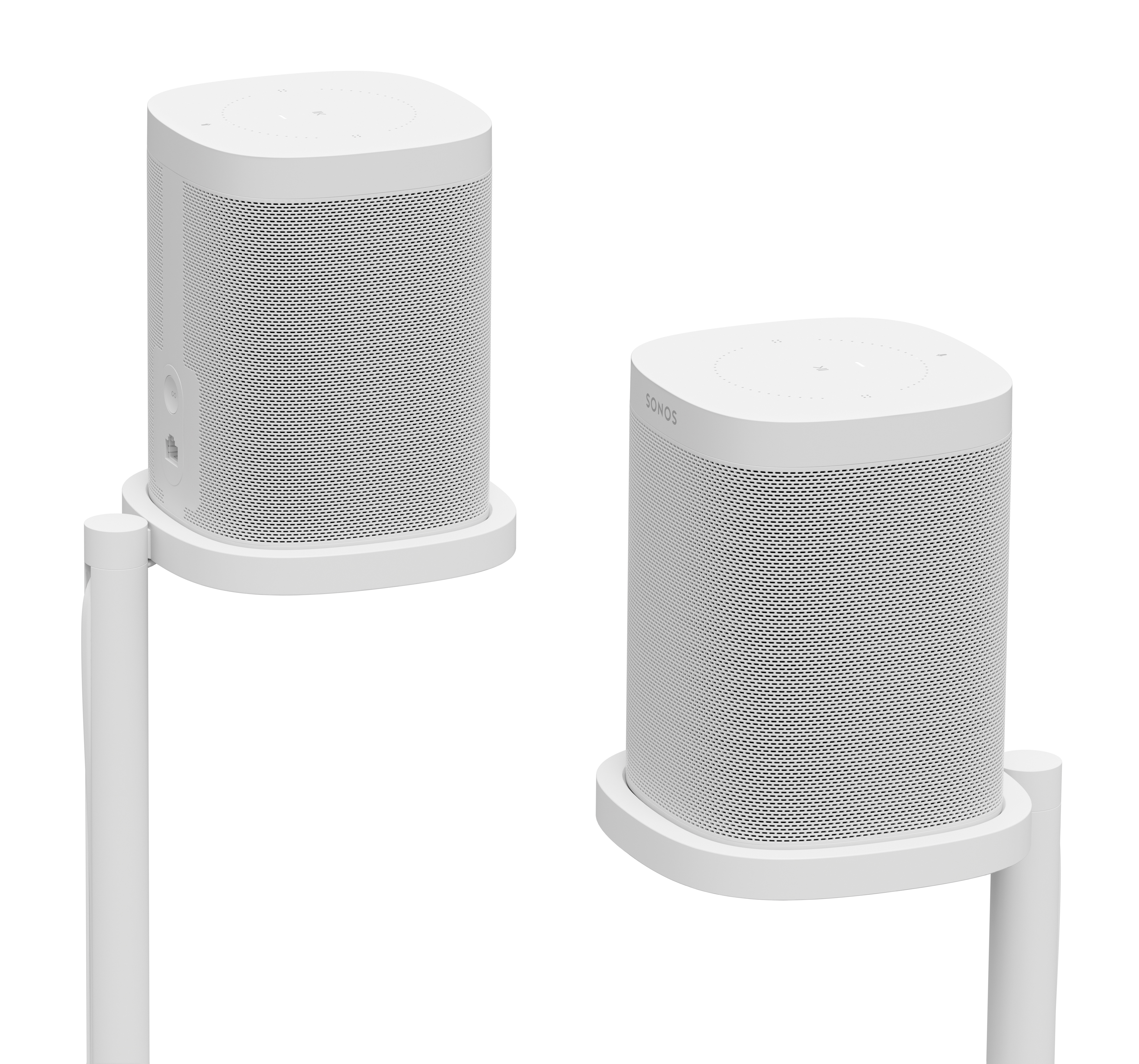 Zwei weiße zylindrische Lautsprecher auf weißen Ständern. Die Lautsprecher haben ein Mesh-Design.