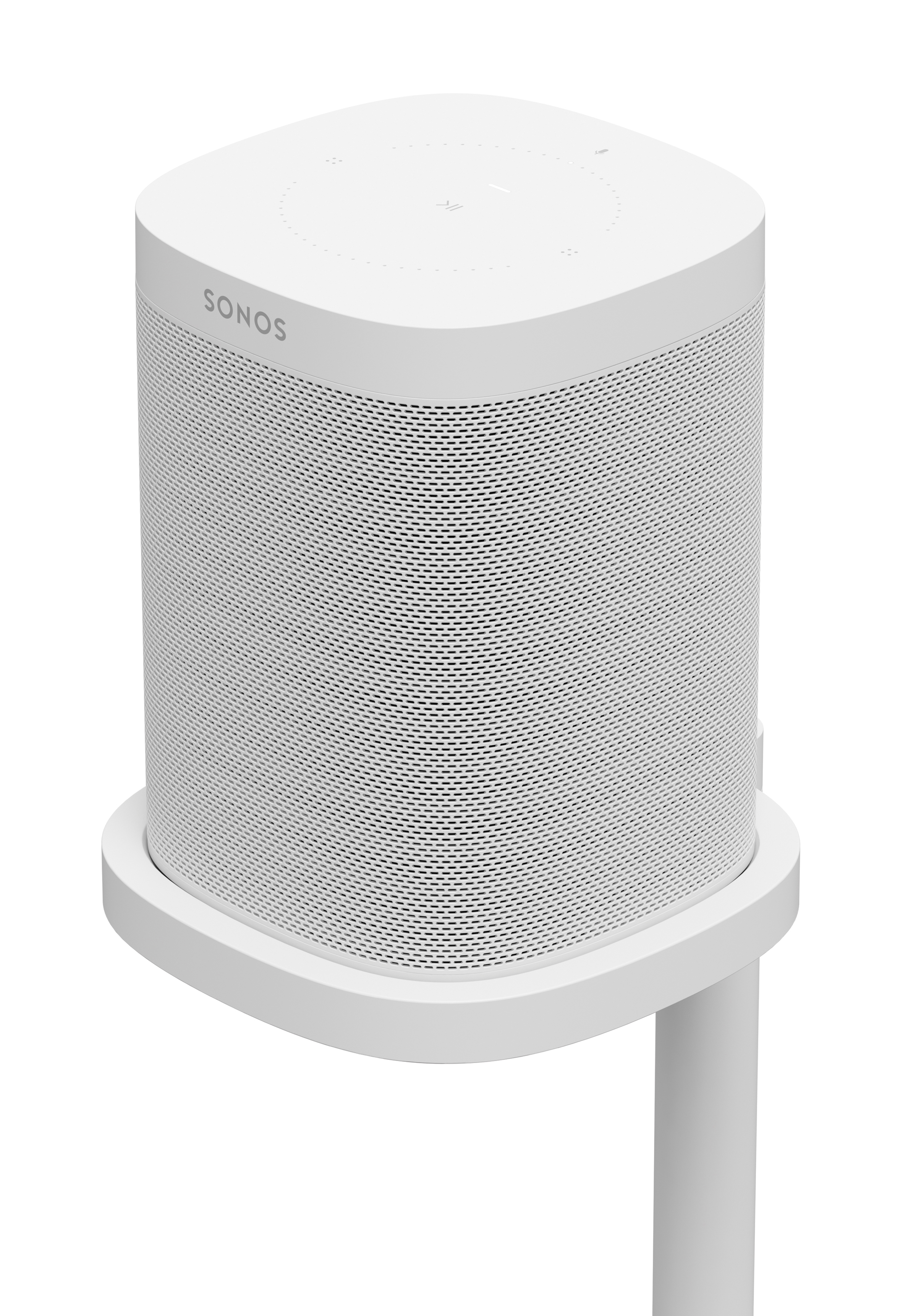 Weißer Sonos-Lautsprecher auf einem weißen Ständer. Der Lautsprecher ist zylindrisch mit kleinen Löchern.
