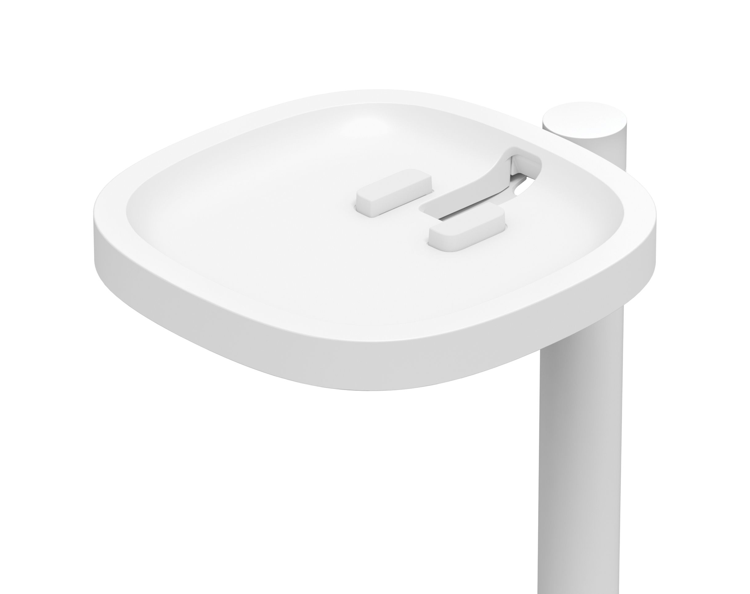 Weißer Lautsprecherständer. Quadratische Oberseite mit Schlitzen und einer kleinen zylindrischen Stange. Einfaches Design.