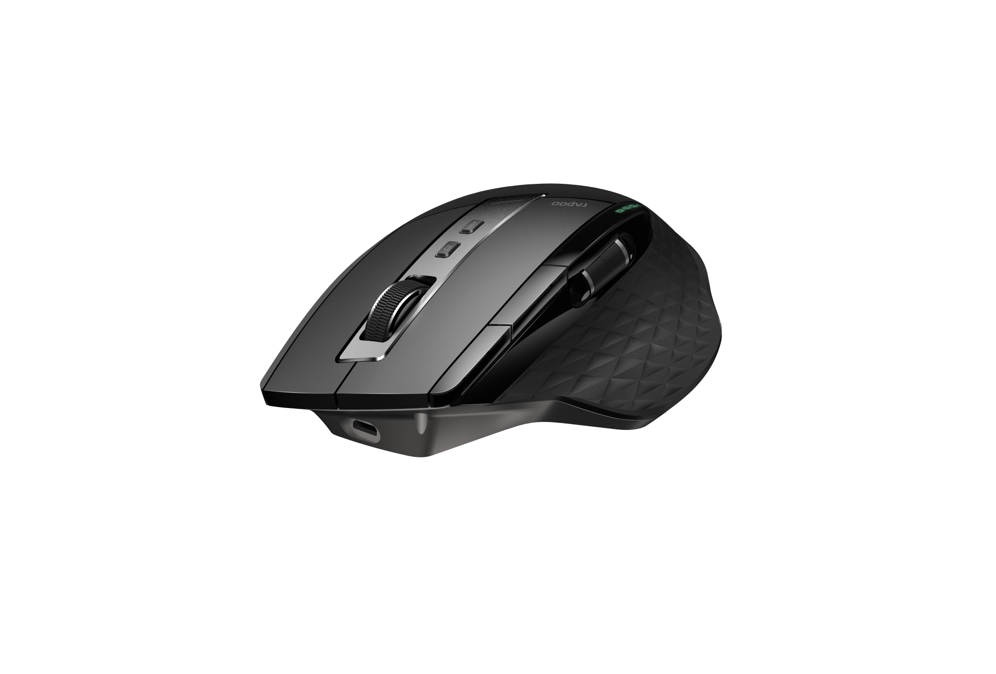 A black wireless mouse. It has a scroll wheel and buttons.