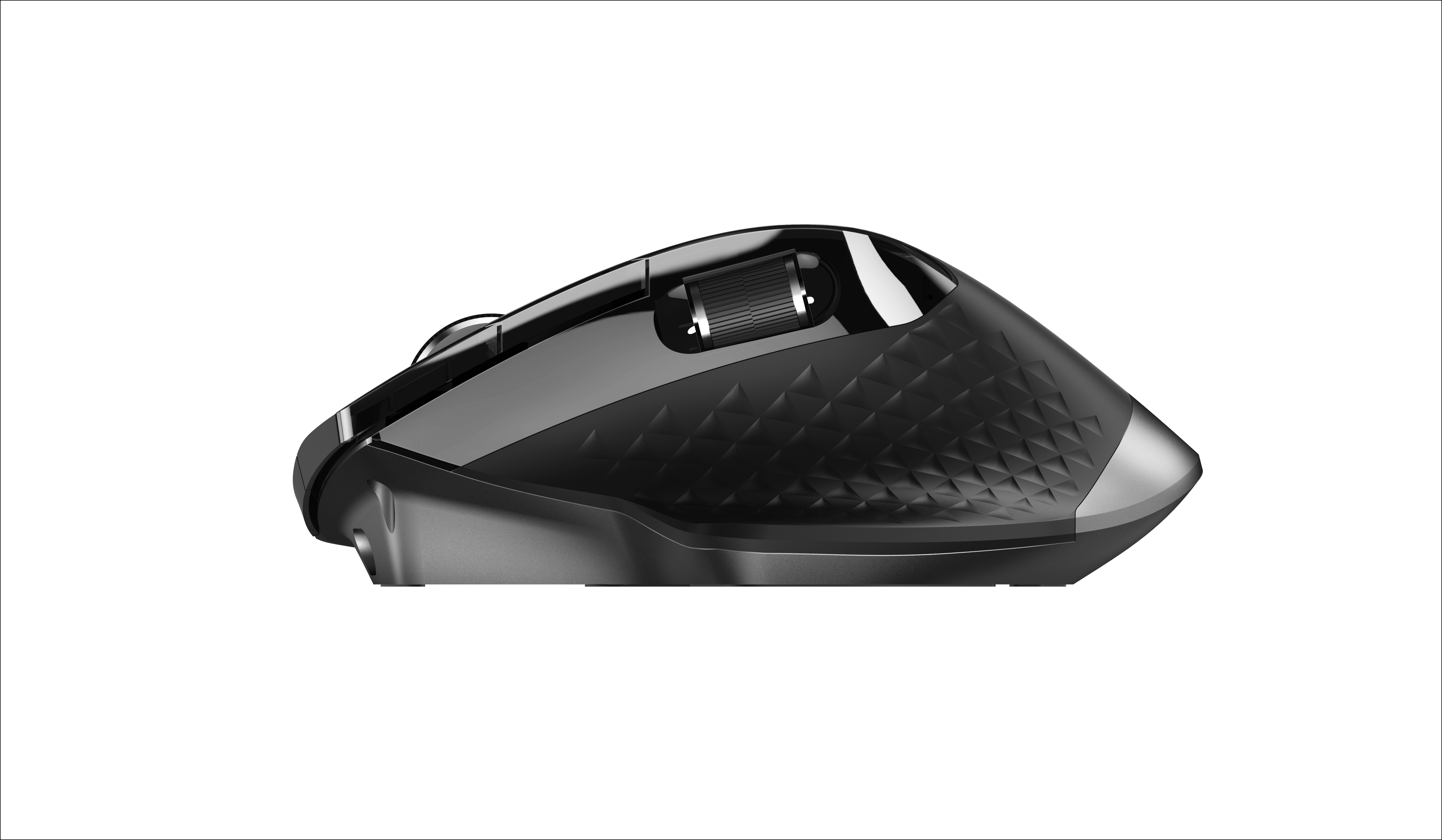 A black ergonomic mouse with a textured surface, designed for comfort and precision.