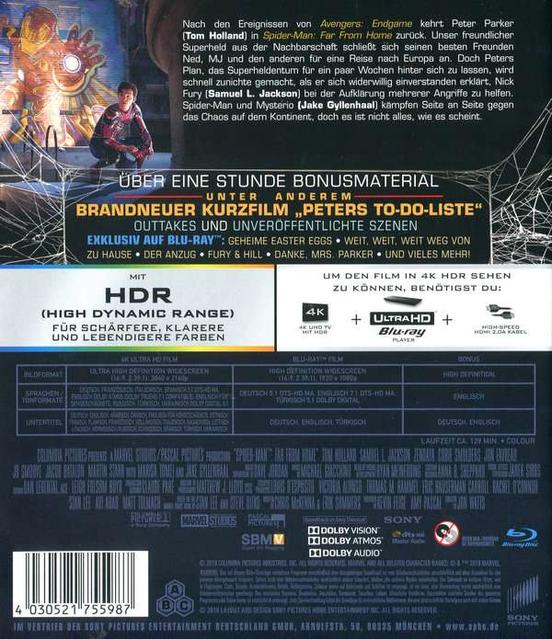 Blu-ray-Disc-Hülle für 'Spider-Man: Far From Home' mit Text und Bildern.