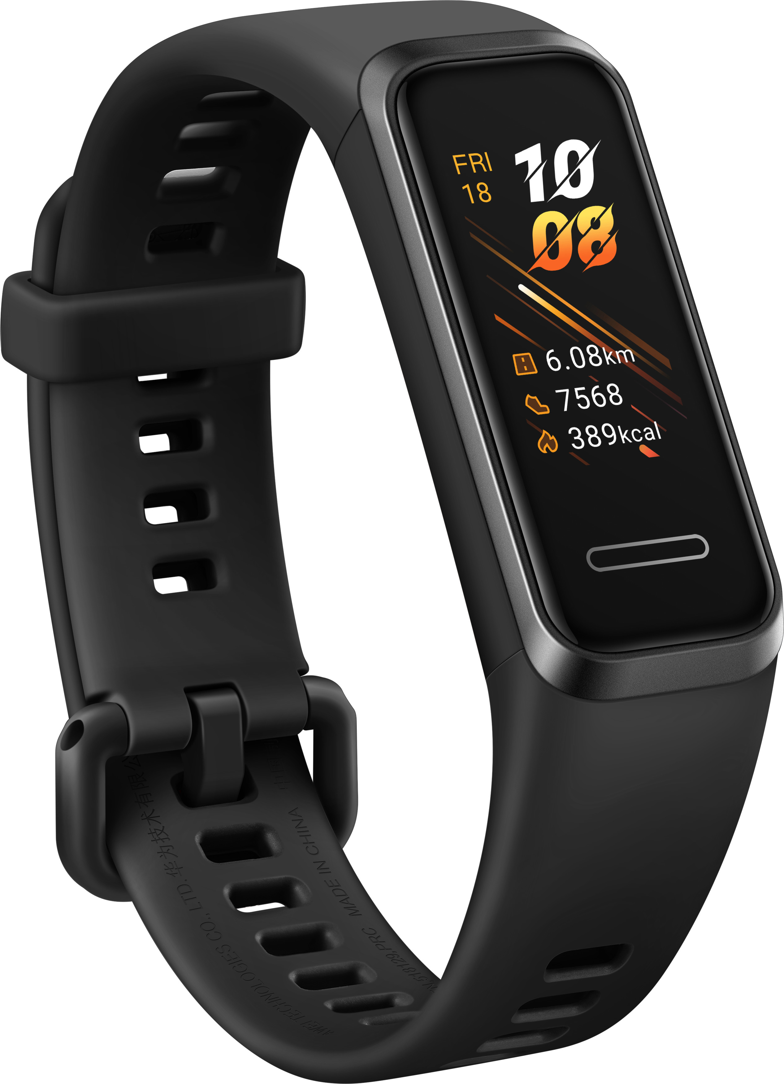 Schwarzer Fitnesstracker mit Anzeige von Zeit, Schritten, Distanz und Kalorien.