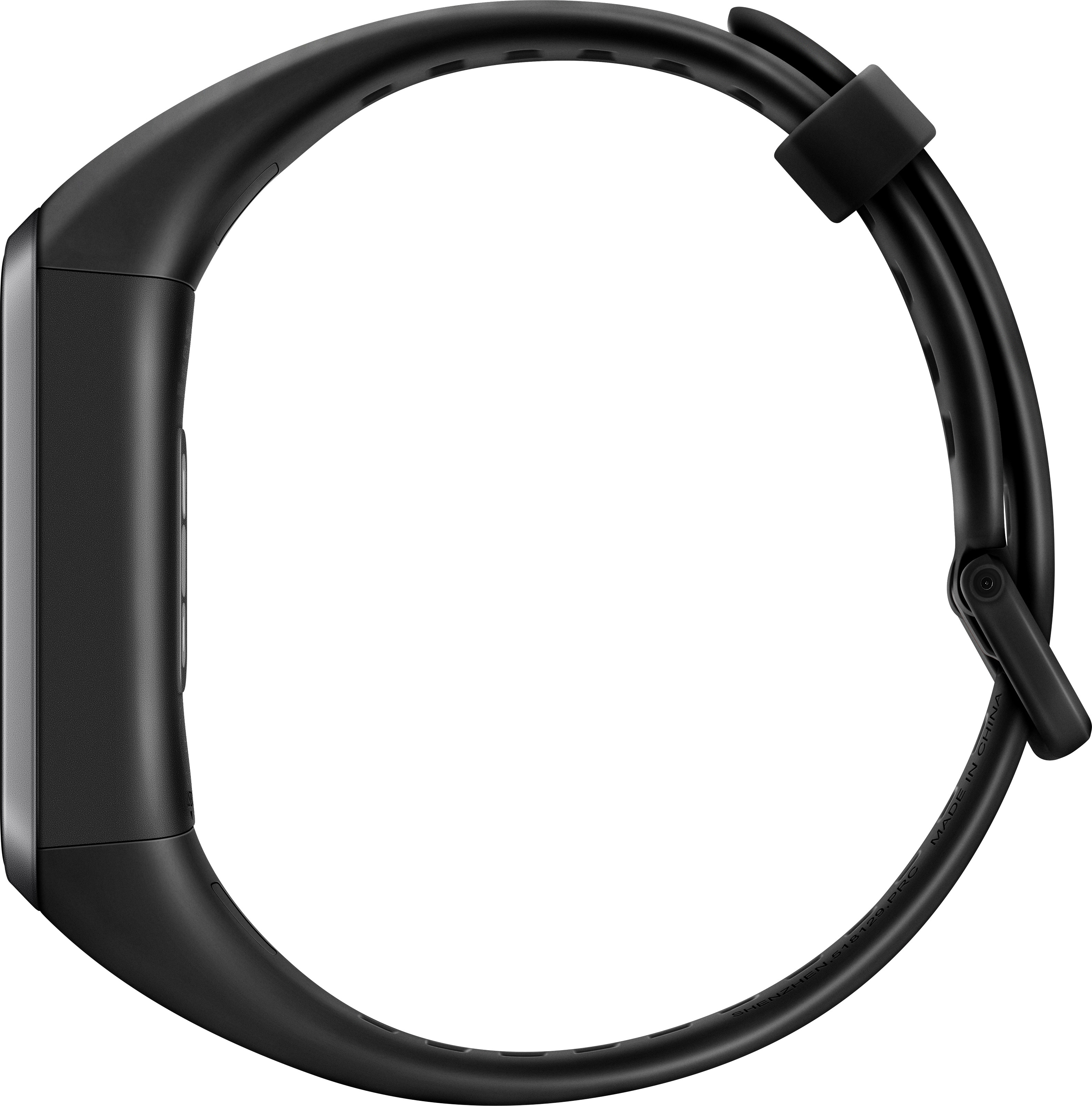 Schwarze Fitness-Tracker-Uhr mit geschwungenem Design. Das Armband ist ebenfalls schwarz.