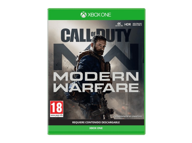 Caja de videojuegos. Modern Warfare. Hombre sosteniendo un arma. Marco verde con texto. Fondo blanco.