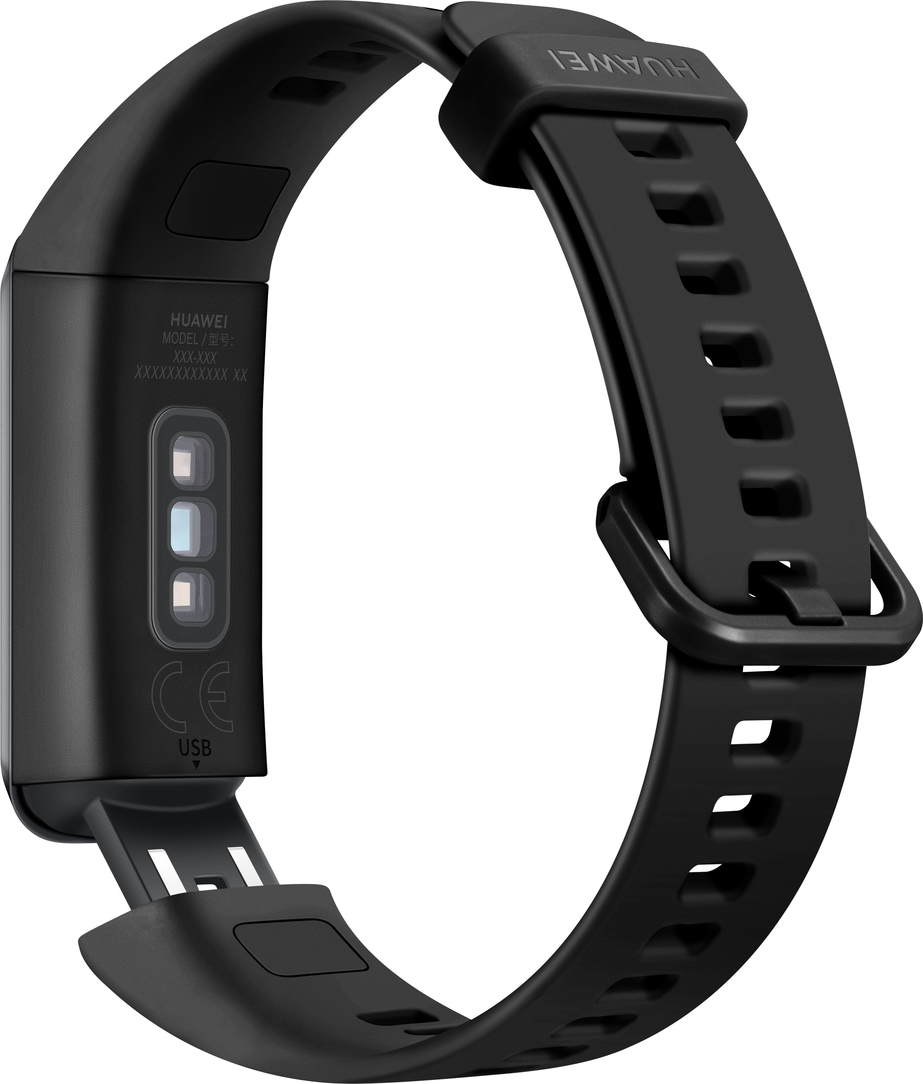 Ein schwarzes Huawei Fitness-Tracker-Armband mit USB-Ladeanschluss und Verschluss ist abgebildet.
