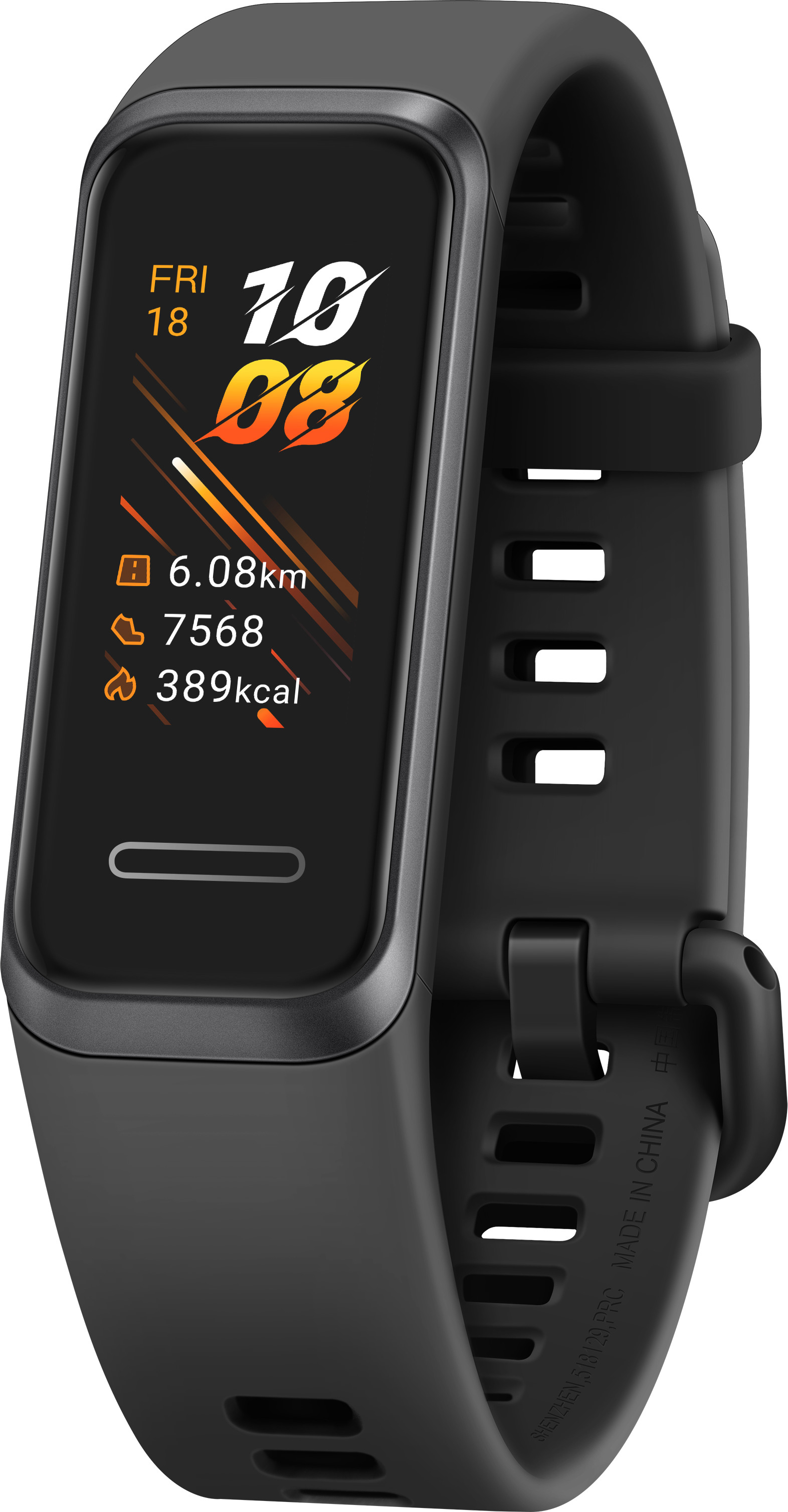Ein schwarzer Fitness-Tracker, der Zeit, Datum, Distanz, Schritte und Kalorien anzeigt, auf weißer Oberfläche.