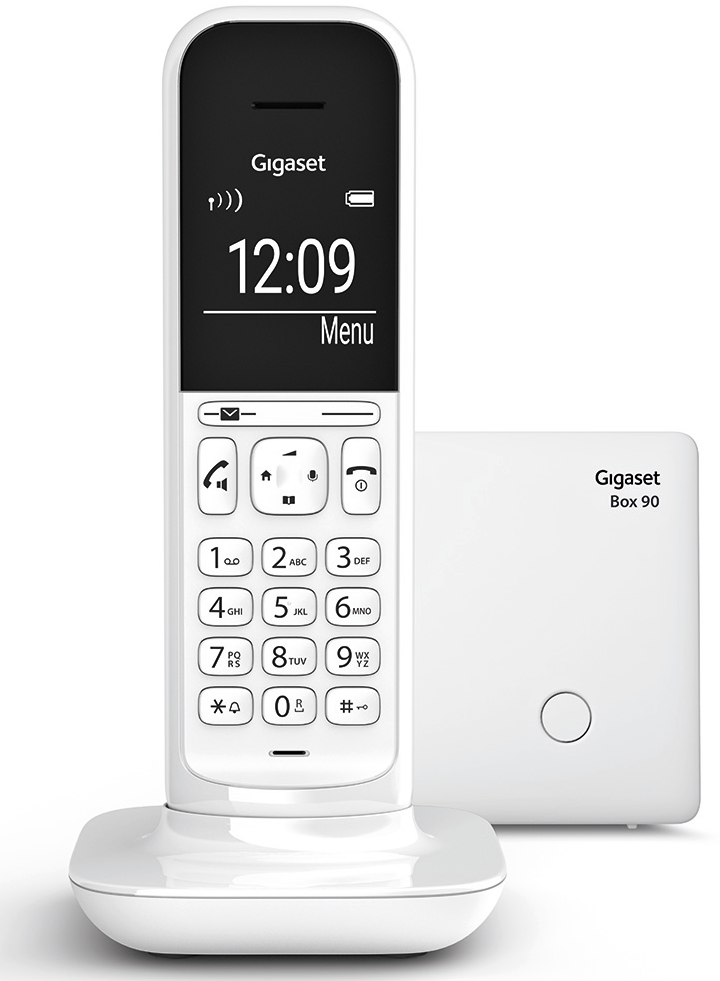Witte draadloze telefoon met basisstation. Display toont tijd en menu.