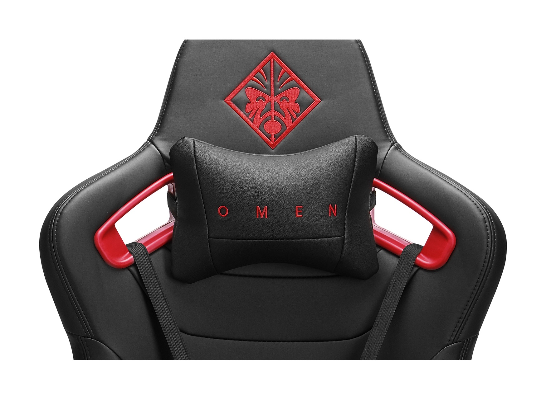 Schwarzer Gaming-Stuhl mit roten Akzenten und OMEN-Logo auf der Kopfstütze.