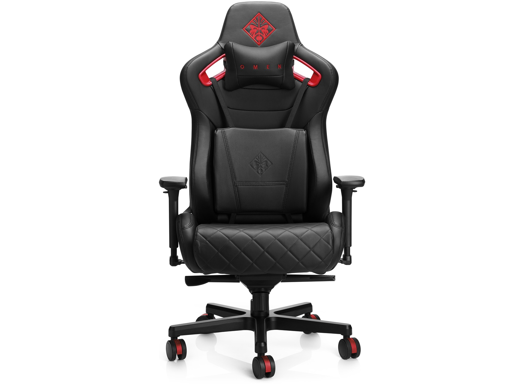 Ein schwarzer Gaming-Stuhl mit roten Akzenten.
