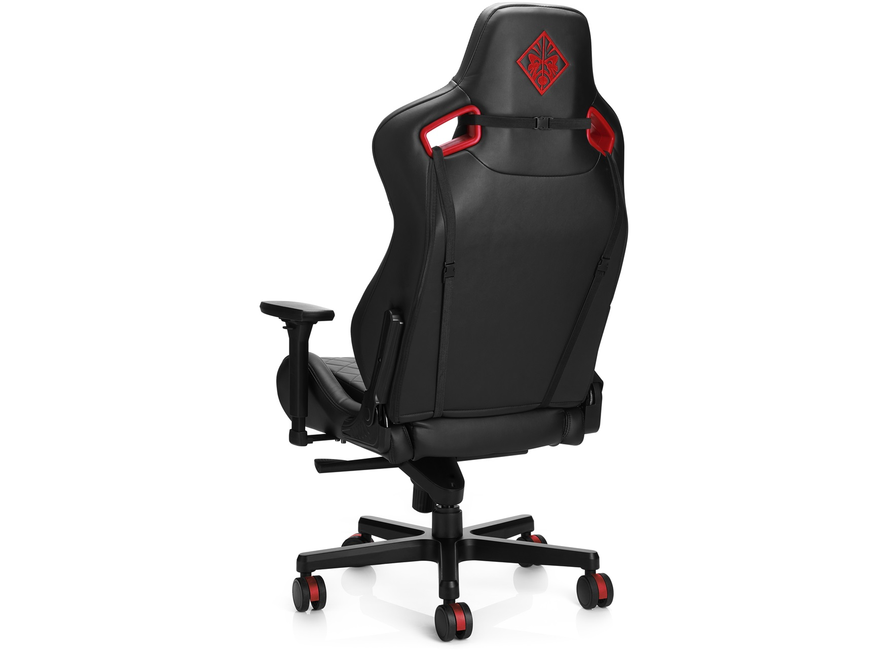 Ein schwarzer und roter Gaming-Stuhl von hinten. Das OMEN-Logo ist oben sichtbar, rote Akzente auf dem Stuhl.