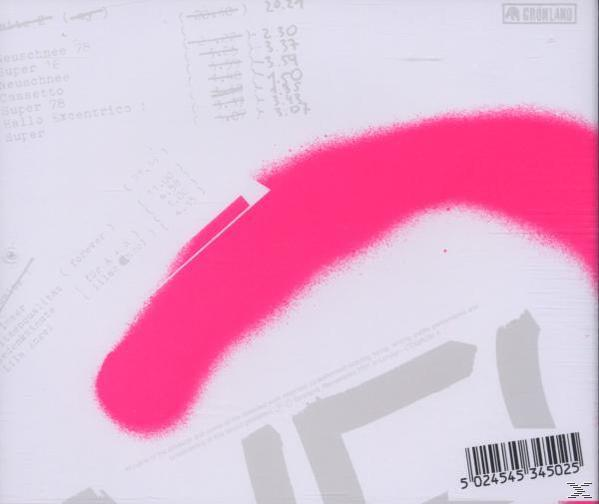 Weißer Hintergrund mit pinkfarbener Sprühfarbe. Text und ein Barcode sind sichtbar. Das Gronland-Logo befindet sich oben rechts.
