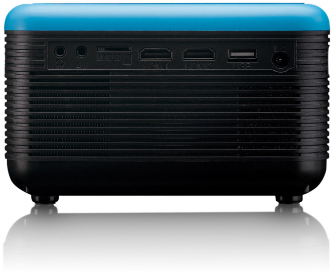 Black and blue projector, with ports visible: AV, Micro SD, HDMI, USB, and DC.