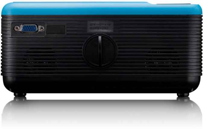 Back view of a black and blue projector with various ports and a focus adjustment dial.