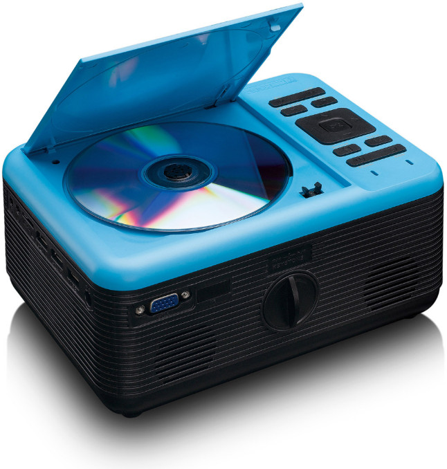 Blue portable CD player with open lid. A CD is inside. Black controls are on top.