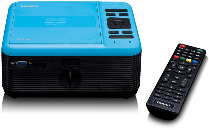 Blue DVD player with a remote control.