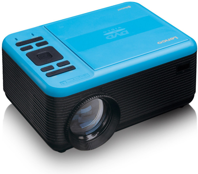 A blue and black projector with a lens. Control buttons are on top and the Lenco logo is visible.
