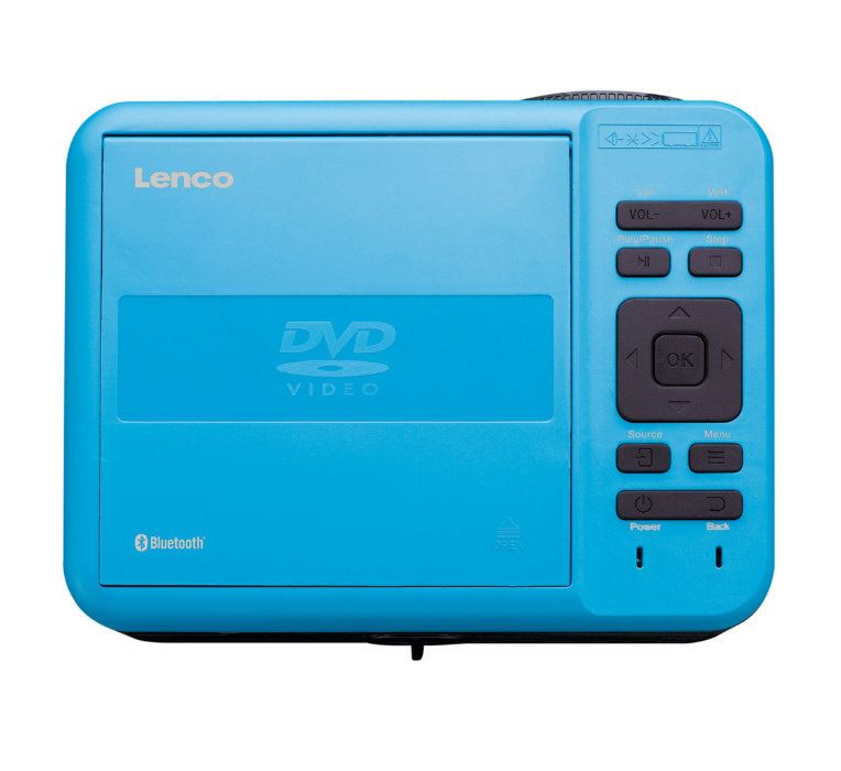 Blue Lenco DVD player with buttons and a Bluetooth logo on a white background.