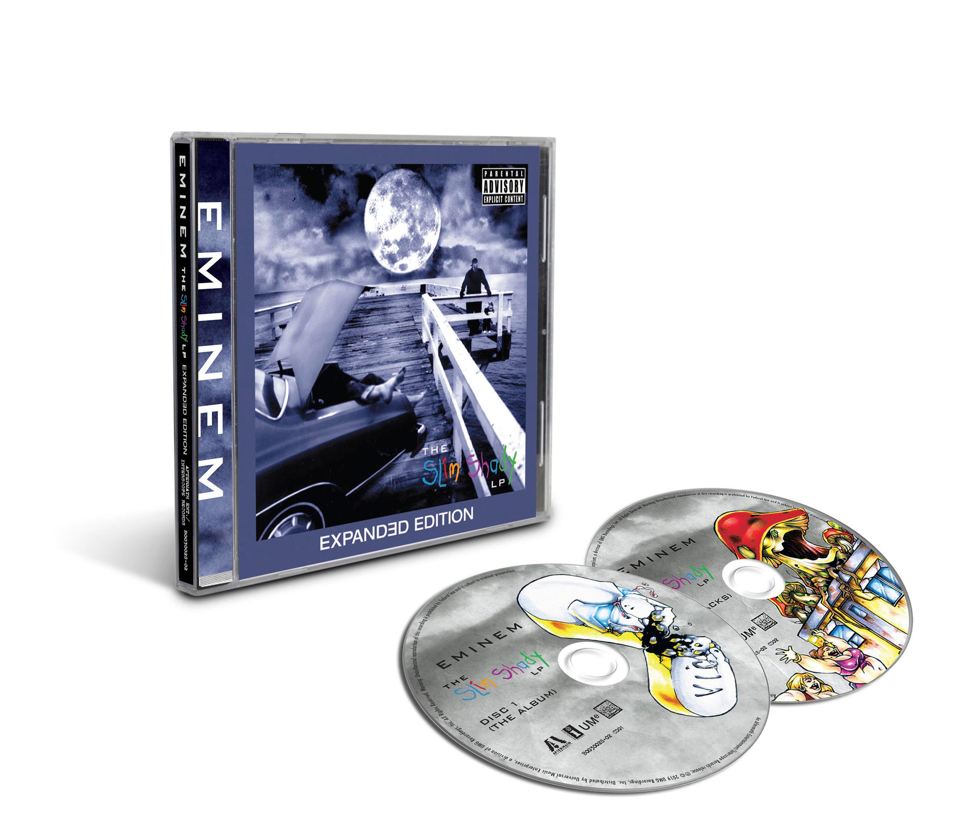 Eminem's album in een boxset met twee cd's. De cover toont een man op een pier.
