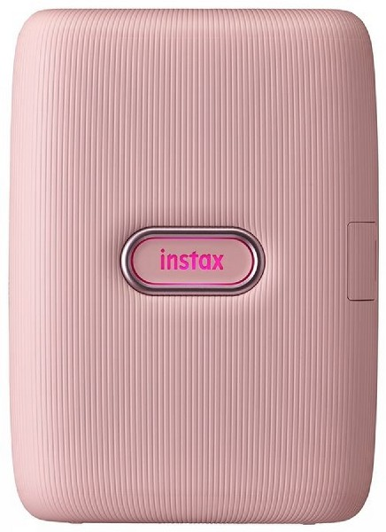 Impresora instax rosa con logo instax en óvalo. Líneas verticales en la superficie.