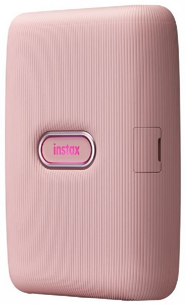 Impresora Instax rosa, un dispositivo rectangular con botón Instax rosa. Tiene una textura acanalada.