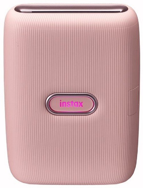 Una impresora Instax Link rosa con un botón rosa y una parte superior plateada.