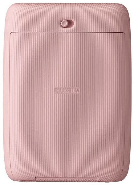 Una impresora Instax rosa, vista desde atrás con líneas verticales.
