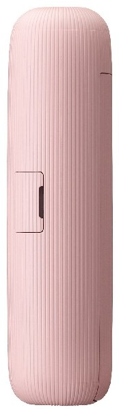 Un dispositivo portátil rosa, vertical, acanalado con una pequeña puerta de compartimento lateral.