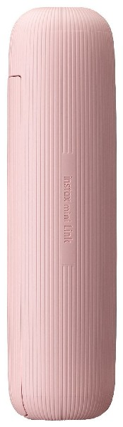 Impresora Instax Mini Link rosa, vertical. La parte delantera tiene una ranura, la trasera el logo.