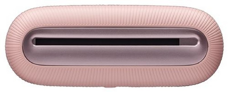 Impresora de fotos portátil rosa y plateada con ranura para insertar fotos.