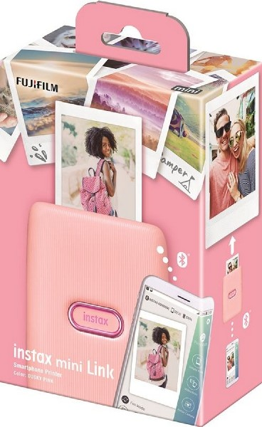 Caja de impresora Instax Mini Link rosa, con fotos e imágenes del producto y una pantalla de teléfono.