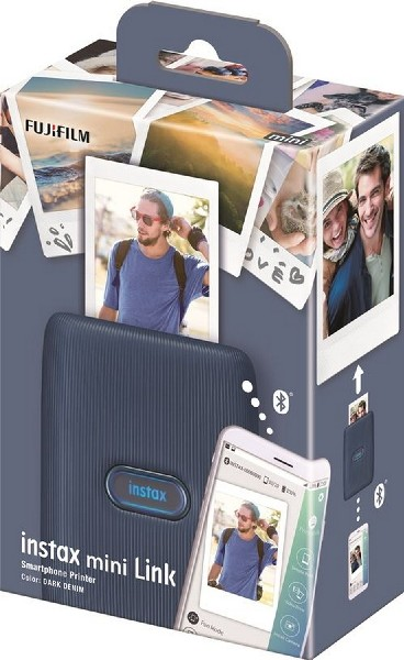Una impresora de smartphone Instax Mini Link azul en una caja. Se muestra un teléfono imprimiendo una foto.