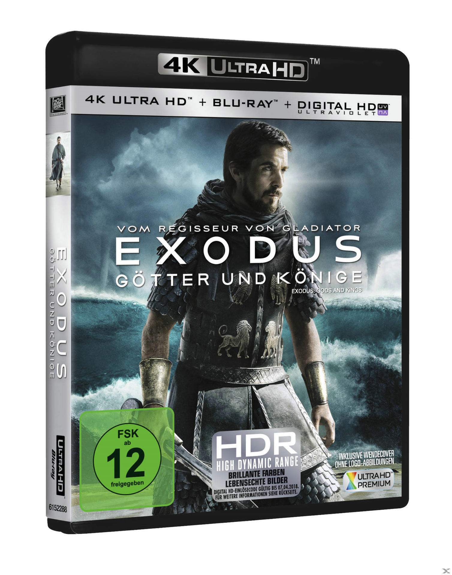 DVD-Hülle für 'Exodus: Götter und Könige'. Leonardo ist auf dem Cover. '4K Ultra HD' steht oben.