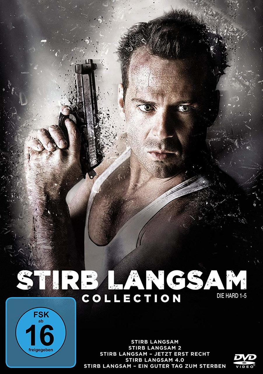 Filmcover: Bruce Willis hält eine Waffe, Text: Stirb Langsam Collection.