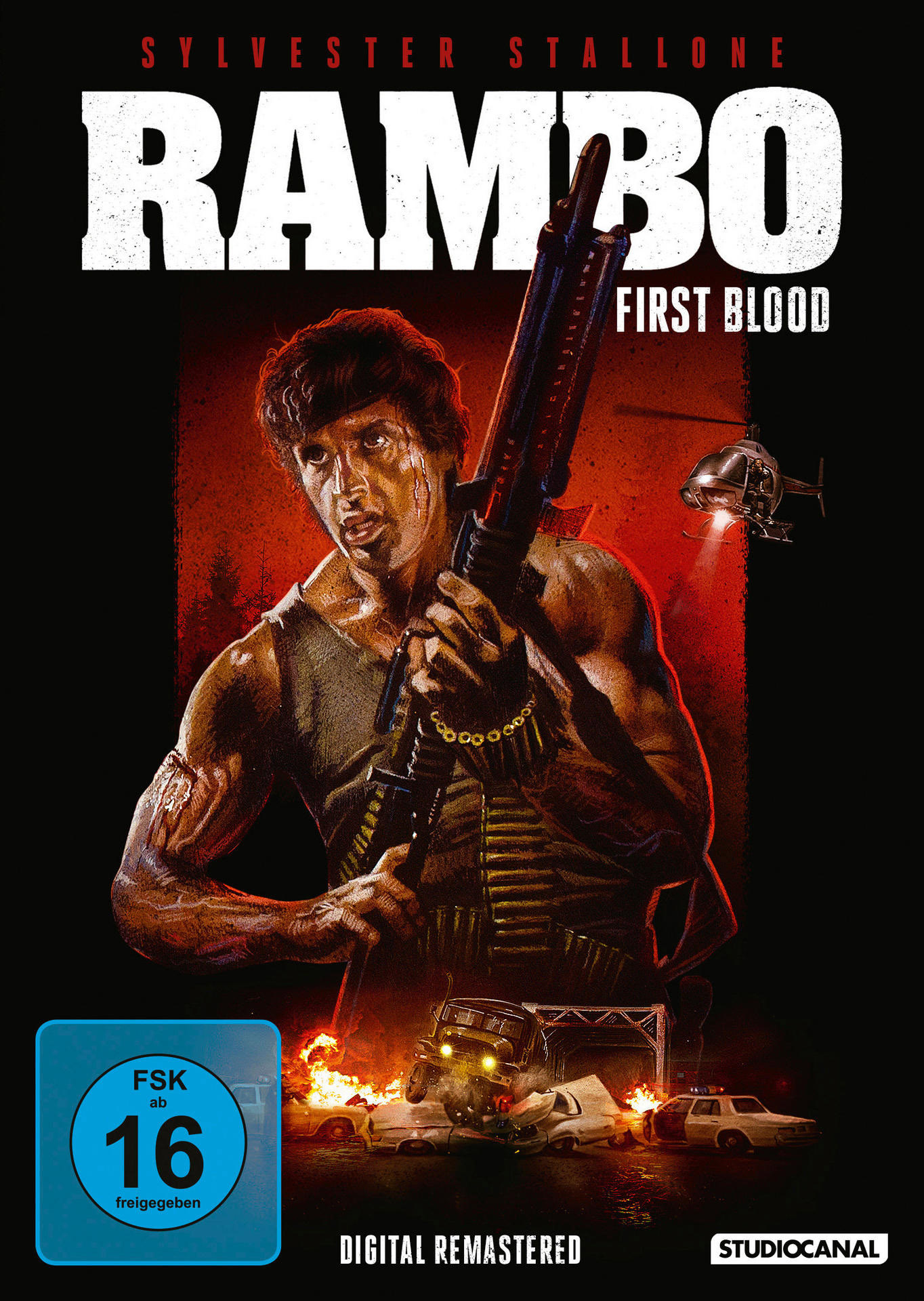 Rambo-Filmcover. Sylvester Stallone hält eine Waffe, im Hintergrund ein Hubschrauber und brennende Fahrzeuge.