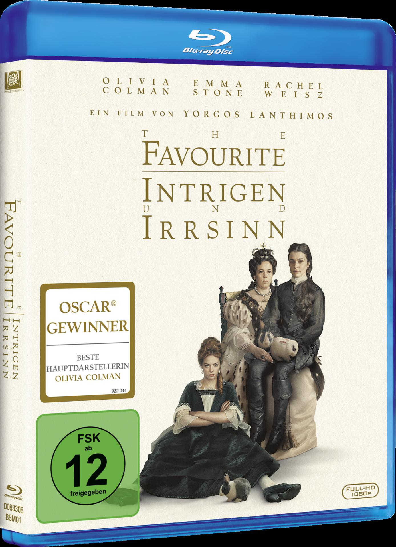Die Hülle einer Blu-ray Disc für den Film "The Favourite". Sie zeigt den Filmtitel und die Schauspieler sowie einen goldenen Aufkleber.