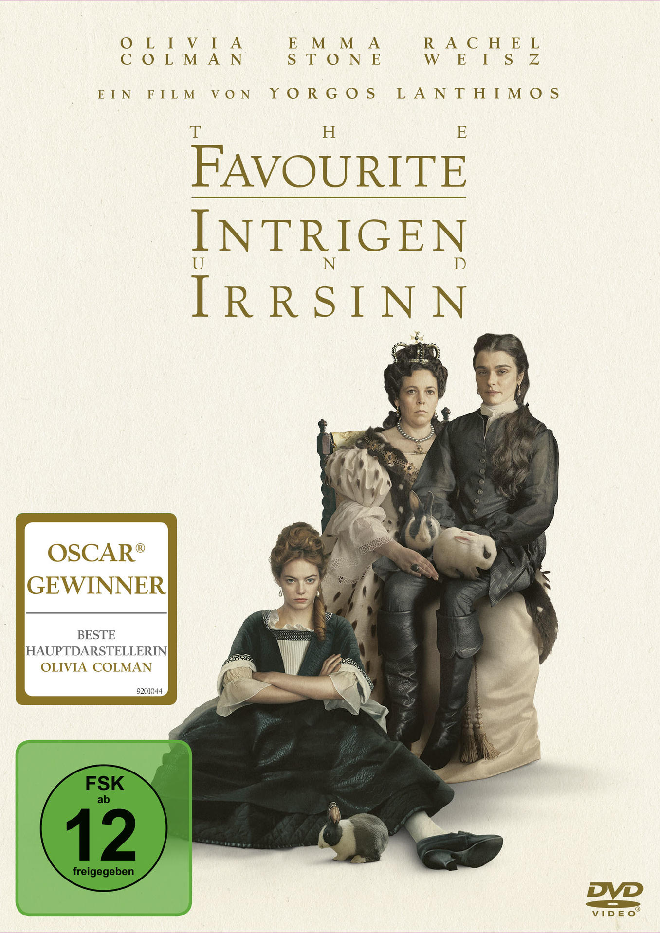 Film-DVD-Cover mit Frauen in historischen Kostümen, Text 'The Favourite' und Oscar-Gewinner-Aufkleber.