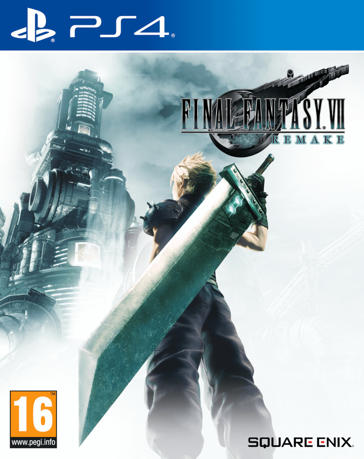 Final Fantasy VII Remake game cover. Een man houdt een groot zwaard vast, met een futuristische stad op de achtergrond.