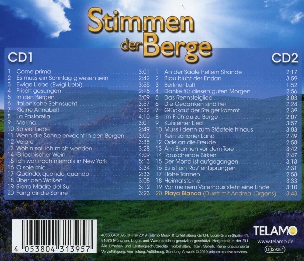 CD-Cover mit Text 'Stimmen der Berge' und Titelliste. Der Hintergrund ist ein blauer Himmel.