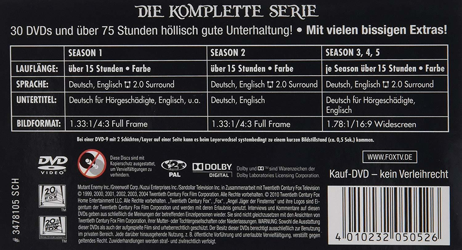 Rückseite einer DVD-Box mit Text zur Serie, Details zu den Staffeln und Logos.
