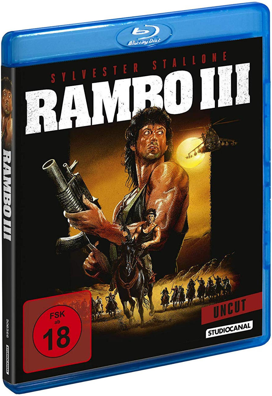 Blu-ray-Hülle von Rambo III mit Sylvester Stallone. Stallone hält eine Waffe. Hintergrund zeigt Soldaten und einen Hubschrauber.