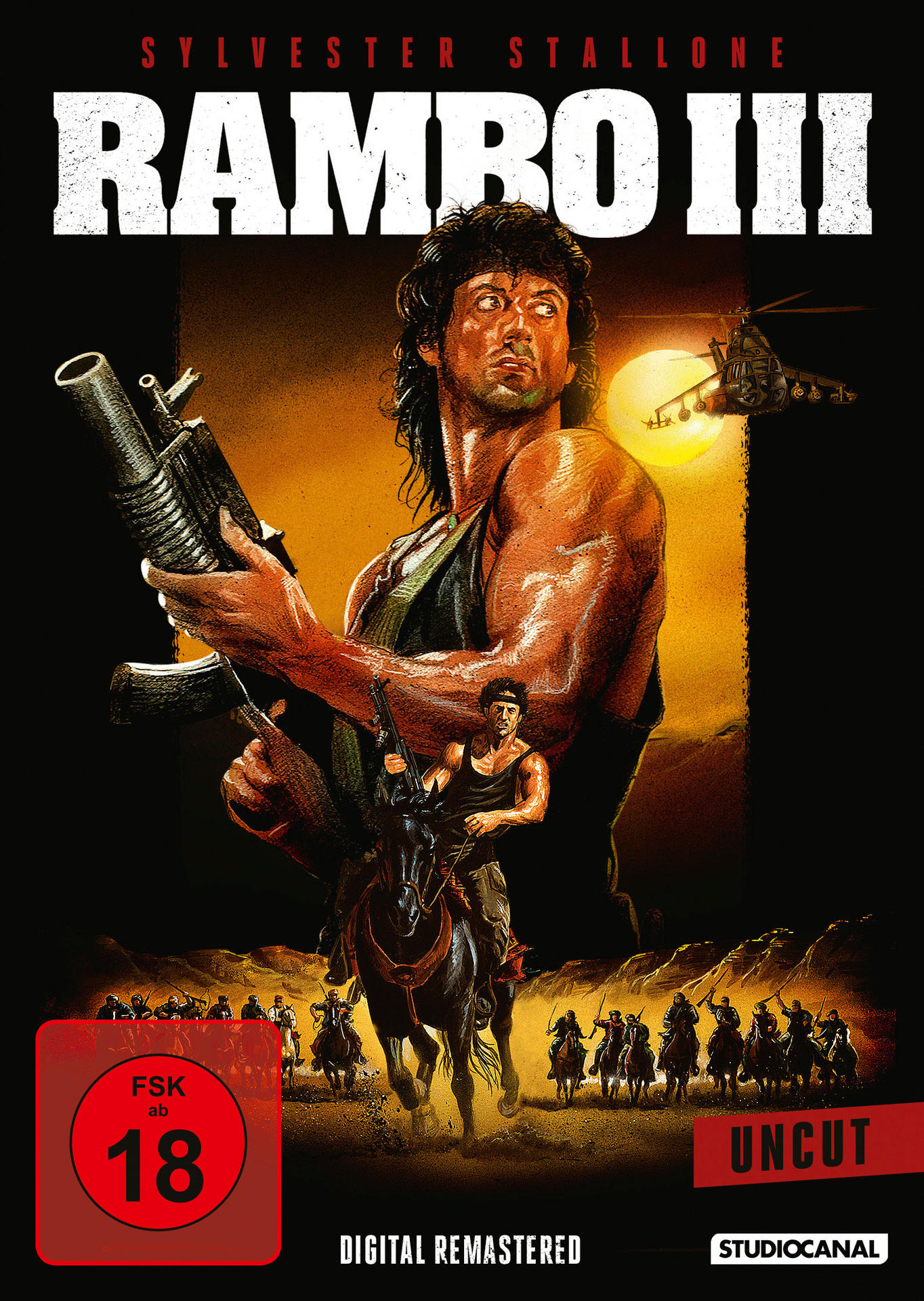 Rambo III Filmcover. Sylvester Stallone hält eine Waffe. Ein Hubschrauber fliegt im Hintergrund. Roter FSK 18 Aufkleber.