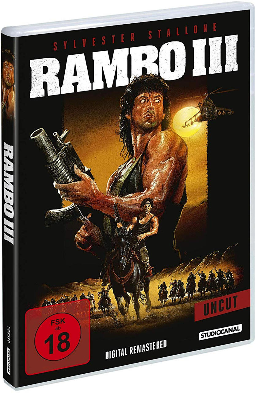 Rambo III DVD-Cover. Sylvester Stallone mit Waffe, Hintergrund brennend.